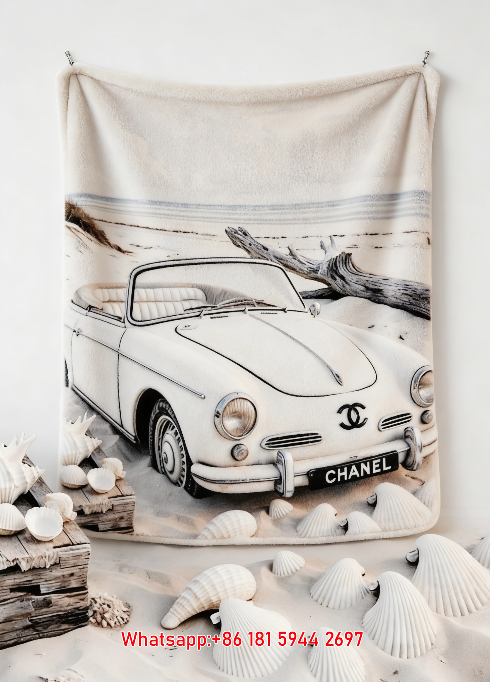 Luxury Chanel Beach Convertible Car Flannel Throw Blanket  Coastal Shells & Vintage Car Print IMG_7193